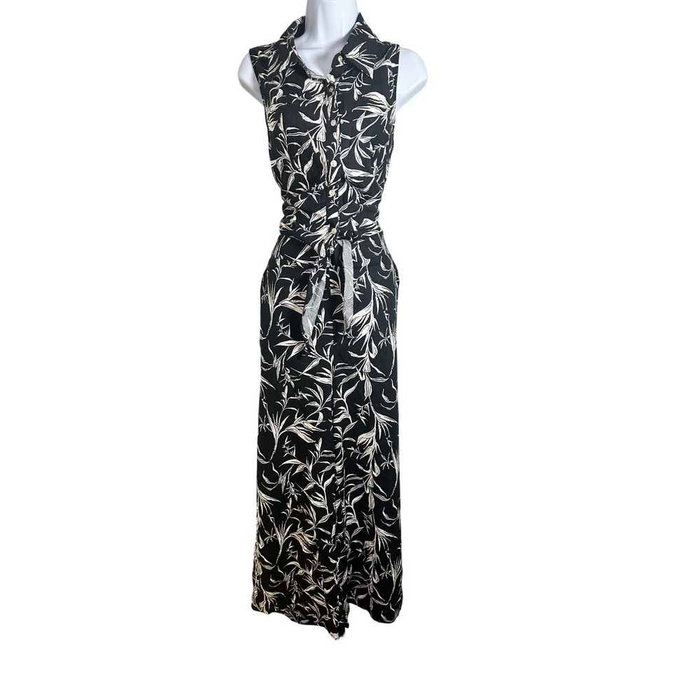 Rachel Zoe Women Black White Linen Blend Tropical Tie Front Top Wide Leg Pants L